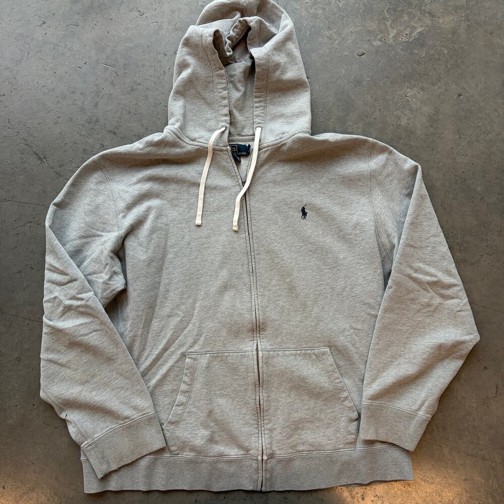 Vintage Y2k Polo Ralph Lauren Grey Fleece Therm Full Zip Hoodie Sweatshirt XXL
